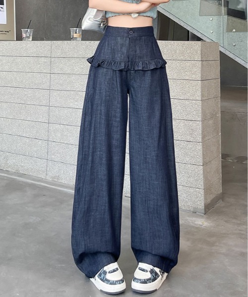 &soiree(アンドソワレ)の「フリル付きカーブワイドパンツ(その他パンツ・レディース・インディゴブルー/ベージュ/ホワイト/ブラック・X-SMALL/SMALL/MEDIUM/LARGE/X-LARGE)」の4枚目の写真