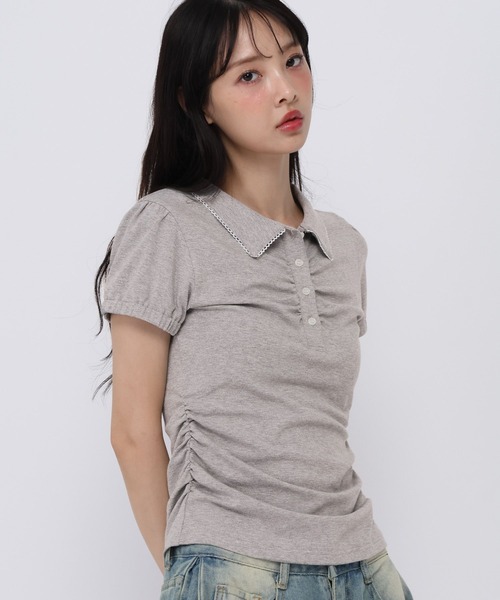 3.3 Field Trip （3.3フィールドトリップ）の「3.3 Field Trip／シャーリングポロトップス（Tシャツ/カットソー・レディース・ネイビー/アイボリー/グレー・FREE）」の6枚目の写真