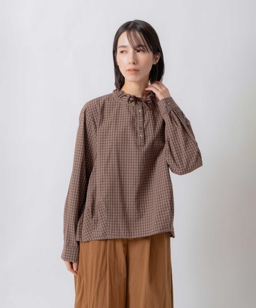Kelen(ケレン)の「「KELEN / ケレン」デザインカラーチェック柄ブラウス(シャツ/ブラウス・レディース・ネイビー/ベージュ/ブラウン・S/M)」の2枚目の写真