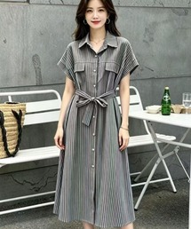 半袖ストライプシャツワンピース