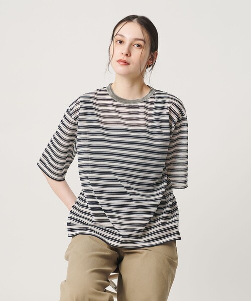 BEAUTY&YOUTH UNITED ARROWS（ビューティーアンドユースユナイテッドアローズ）の「コットンポリエステル シアーボーダー Tシャツ（Tシャツ/カットソー・レディース・オフホワイト/ダークブラウン/ライラック・FREE）」の4枚目の写真