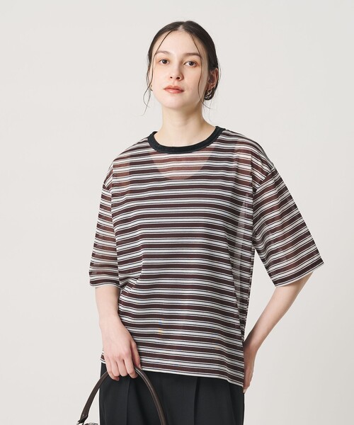 BEAUTY&YOUTH UNITED ARROWS（ビューティーアンドユースユナイテッドアローズ）の「コットンポリエステル シアーボーダー Tシャツ（Tシャツ/カットソー・レディース・オフホワイト/ダークブラウン/ライラック・FREE）」の7枚目の写真