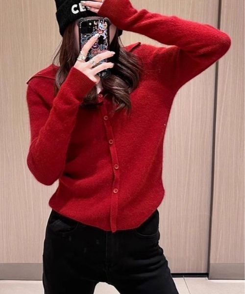 kirakiraShop(キラキラショップ)の「オープンカラー ボタン リブ ニット(ニット/セーター・レディース・ブラック/レッド/オフホワイト・FREE)」の16枚目の写真