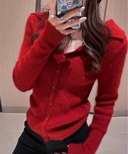 kirakiraShop(キラキラショップ)の「オープンカラー ボタン リブ ニット(ニット/セーター・レディース・ブラック/レッド/オフホワイト・FREE)」の21枚目の写真