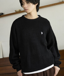 U.S. POLO ASSN. × PUBLUX/ユーエスポロアッスン 別注 ワンポイント 刺繍 畦編み クルーネック ニット プルオーバー　限定展開
