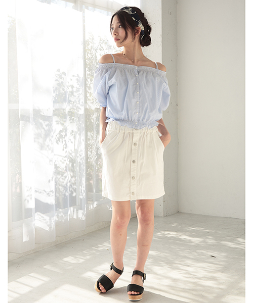 one after another NICE CLAUP（ワンアフターアナザーナイスクラップ）の「【ナイスクラップ】ハイウェストコクーンスカート（スカート・レディース・カモフラージュ/オフホワイト/ベージュ/ブルー/インディゴブルー・FREE）」の15枚目の写真