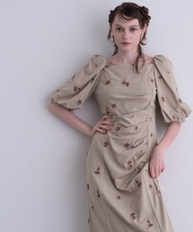 ミモレ&袖あり フォーマル 花刺繍 ギャザースリーブ Iライン セレモニー 結婚式二次会 パーティードレス お呼ばれ オケージョンドレス 同窓会成人式