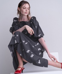 ミモレ&袖あり フォーマル 花刺繍  ギャザースリーブ Iライン セレモニー 結婚式二次会 パーティードレス お呼ばれ オケージョンドレス 同窓会成人式