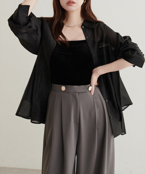 natural couture(ナチュラルクチュール)の「【sherbet line】接触冷感バックフリルシアーシャツ(シャツ/ブラウス・レディース・オフホワイト/ライトベージュ/ピンク/ブラック/ブラウン・FREE)」の9枚目の写真
