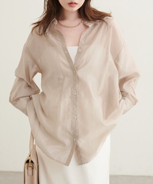 natural couture(ナチュラルクチュール)の「【sherbet line】接触冷感バックフリルシアーシャツ(シャツ/ブラウス・レディース・オフホワイト/ライトベージュ/ピンク/ブラック/ブラウン・FREE)」の16枚目の写真