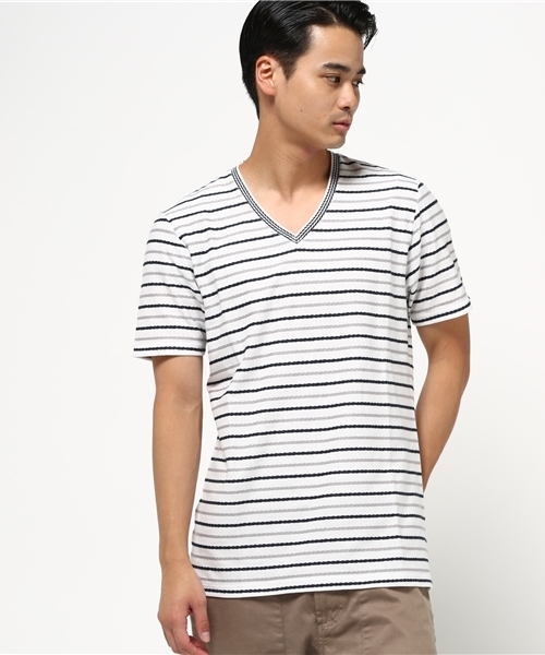 MEN'S BIGI(メンズビギ)の「マルチボーダーTシャツ/JAPAN MADE(日本製) (Tシャツ/カットソー・メンズ・ネイビー/ホワイト・M/L/S)」の1枚目の写真