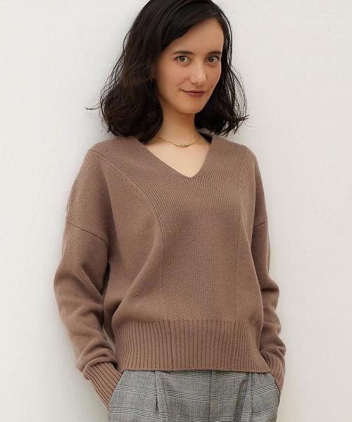 green label relaxing（グリーンレーベルリラクシング）の「KF Vネック キリカエ ニット ◆（ニット/セーター・レディース・ライトブルー/オフホワイト/モカ・FREE）」の3枚目の写真