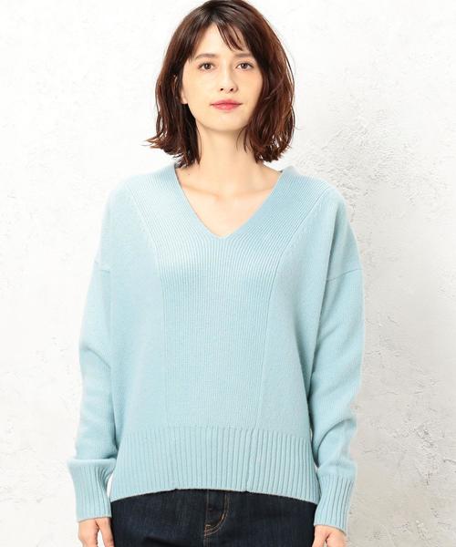 green label relaxing（グリーンレーベルリラクシング）の「KF Vネック キリカエ ニット ◆（ニット/セーター・レディース・ライトブルー/オフホワイト/モカ・FREE）」の8枚目の写真