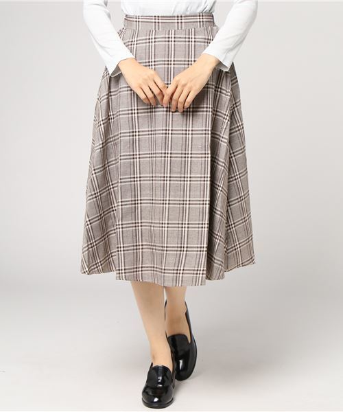 KOBE LETTUCE（コウベレタス）の「バックウエストゴム★チェック柄ミディアム丈フレアスカート（スカート・レディース・ブラック/ネイビー/ブラウン/グレー/グリーン/モカ・FREE）」の3枚目の写真