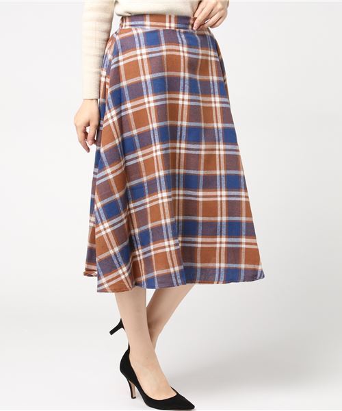 KOBE LETTUCE（コウベレタス）の「バックウエストゴム★チェック柄ミディアム丈フレアスカート（スカート・レディース・ブラック/ネイビー/ブラウン/グレー/グリーン/モカ・FREE）」の4枚目の写真