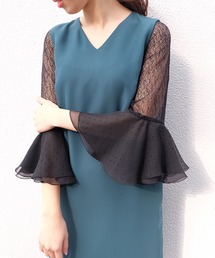 kaene | 異素材MIXフレア袖ワンピース(ドレス)