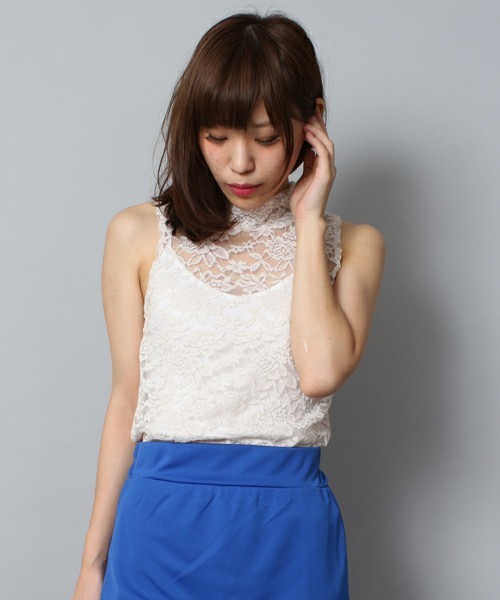 WEGO（ウィゴー）の「WEGO/総レーススタンドカラーTee（N）（Tシャツ/カットソー・レディース・ホワイト/ブラック/ナチュラル・FREE）」の3枚目の写真