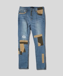 ダメージ加工 コーデュロイ パッチワーク スキニーデニムパンツ
