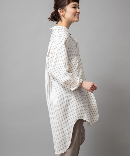 Munich（ミューニック）の「リネンレーヨンストライプビッグシルエットロングシャツ（シャツ/ブラウス・レディース・ホワイト/ブラック/ネイビー・FREE）」の14枚目の写真