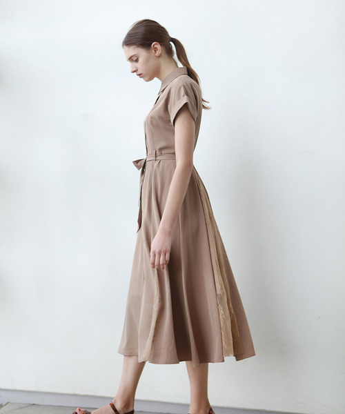 レース切り替えロングシャツワンピース（ワンピース）｜Leja