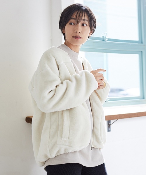 AMERICAN HOLIC（アメリカンホリック）の「ノーカラーボアショートコート ＊（ブルゾン・レディース・アイボリー/チェック/ブラック/モカ・M/L）」の9枚目の写真