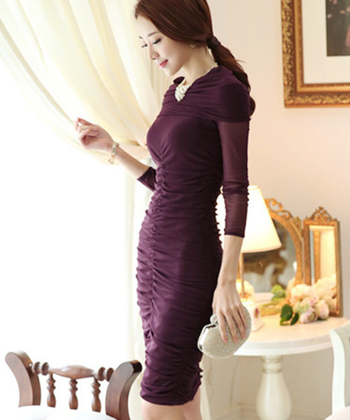 OSYAREVO(オシャレボ)の「オフタートル ギャザーワンピース(ドレス・レディース・ブラック/パープル・XX-LARGE/SMALL/LARGE/X-LARGE)」の3枚目の写真