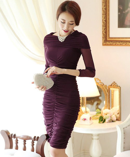 OSYAREVO(オシャレボ)の「オフタートル ギャザーワンピース(ドレス・レディース・ブラック/パープル・XX-LARGE/SMALL/LARGE/X-LARGE)」の4枚目の写真