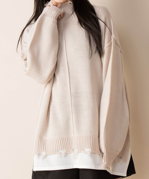 Mysa&Liina(ミーサリーナ)の「レイヤード風 ハイネックダメージニット(ニット/セーター・レディース・ベージュ/グレイッシュベージュ/アイボリー/ブラック・L/M)」の2枚目の写真