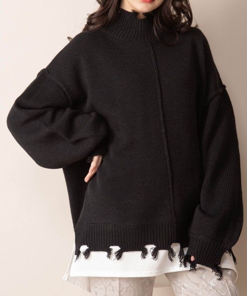 Mysa&Liina(ミーサリーナ)の「レイヤード風 ハイネックダメージニット(ニット/セーター・レディース・ベージュ/グレイッシュベージュ/アイボリー/ブラック・L/M)」の3枚目の写真