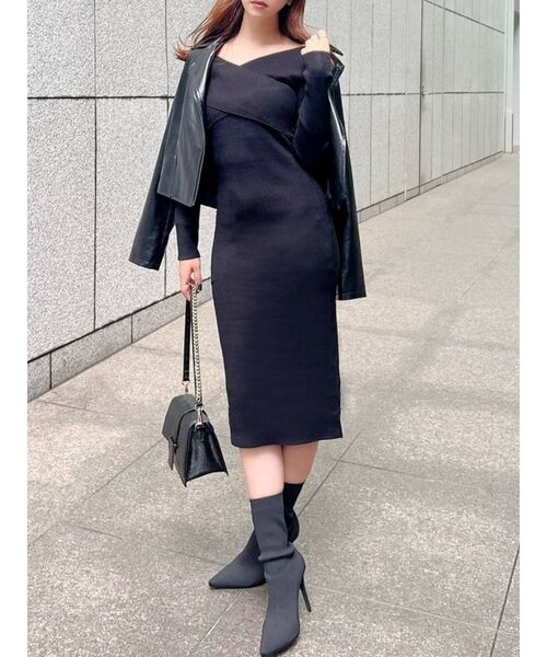 RESEXXY（リゼクシー）の「フロントクロス長袖ニットワンピース（ワンピース・レディース・ブラック/ベージュ/アイボリー/ワイン/ミント・SMALL/MEDIUM）」の3枚目の写真