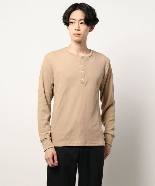 Bling Leads（ブリングリーズ）の「Bling leads/ワッフルヘンリーネックT（Tシャツ/カットソー・メンズ・ホワイト/ブラック/ベージュ/ネイビー/グレー/カーキ/ライトピンク・MEDIUM/X-LARGE/LARGE）」の13枚目の写真