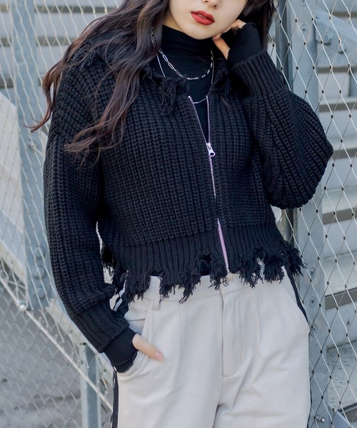 RASVOA(ラスボア)の「ダメージニットパーカー(ニット/セーター・レディース・オフホワイト/ブラック・FREE)」の1枚目の写真