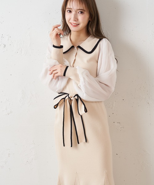 MIIA（ミーア）の「袖シアー衿付ニットトップス（ニット/セーター・レディース・ブラック/オフホワイト/ブルー・FREE）」の21枚目の写真