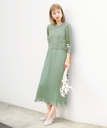 REPLETE | 【20代から70代まで体型や年齢を問わないドレス】レース×プリーツ異素材切り替えデザイン・ウエストゴム6分袖ロング丈ドレス(ドレス)