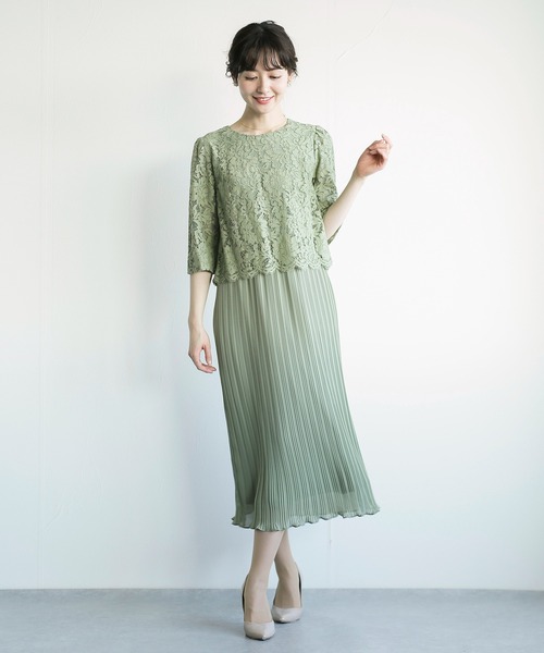 REPLETE(リプリート)の「【20代から70代まで体型や年齢を問わないドレス】レース×プリーツ異素材切り替えデザイン・ウエストゴム6分袖ロング丈ドレス(ドレス・レディース・ライトグレー/ネイビー/ブルー/ライトグリーン・9号)」の9枚目の写真