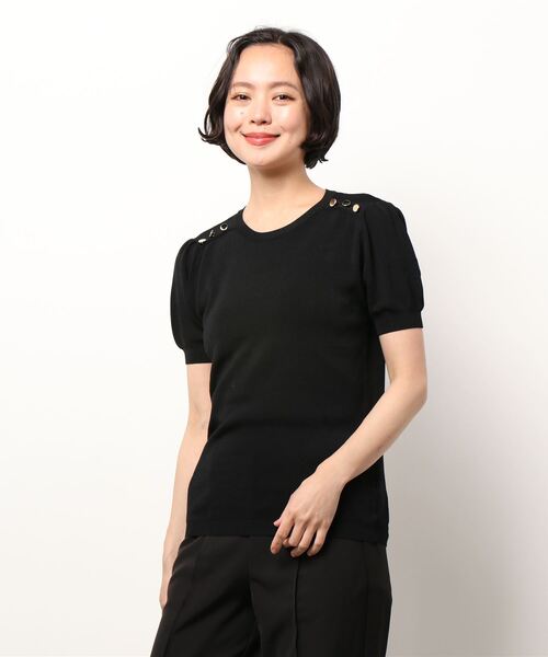 Q（キュー）の「肩ボタン半袖ニット（ニット/セーター・レディース・ブルー/ホワイト/ブラック・MEDIUM）」の6枚目の写真