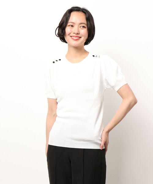 Q（キュー）の「肩ボタン半袖ニット（ニット/セーター・レディース・ブルー/ホワイト/ブラック・MEDIUM）」の7枚目の写真