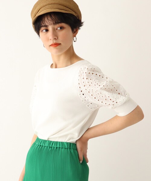 OPAQUE.CLIP（オペークドットクリップ）の「◆【C】エンブロイダリーレーススリーブ ストレッチリブニット【WEB限定サイズ】（ニット/セーター・レディース・ブラック/オレンジ/ブラウン系その他/ホワイト系・40/38/36/34）」の2枚目の写真