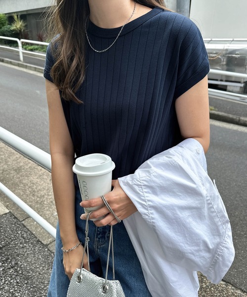 セール】コットンフライスフレンチスリーブリブトップス（T
