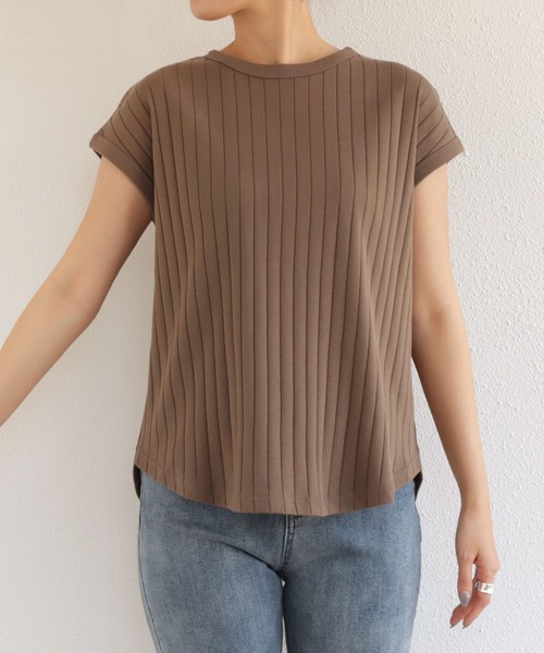 andme（アンドミー）の「コットンフライスフレンチスリーブリブトップス（Tシャツ/カットソー・レディース・ブラック/オフホワイト/チャコールグレー/ブラウン/ピンク/グリーン/オレンジ/ライトグリーン/ネイビー・M/L）」の17枚目の写真