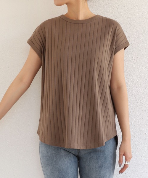 andme（アンドミー）の「コットンフライスフレンチスリーブリブトップス（Tシャツ/カットソー・レディース・ブラック/オフホワイト/チャコールグレー/ブラウン/ピンク/グリーン/オレンジ/ライトグリーン/ネイビー・M/L）」の22枚目の写真