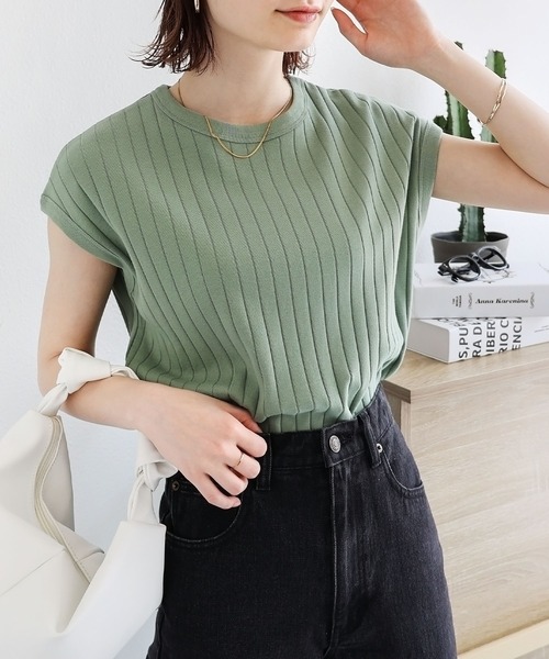 andme（アンドミー）の「コットンフライスフレンチスリーブリブトップス（Tシャツ/カットソー・レディース・ブラック/オフホワイト/チャコールグレー/ブラウン/ピンク/グリーン/オレンジ/ライトグリーン/ネイビー・M/L）」の11枚目の写真