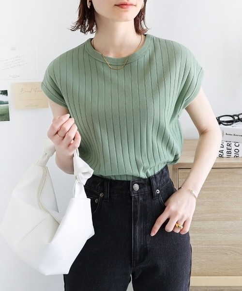 andme（アンドミー）の「コットンフライスフレンチスリーブリブトップス（Tシャツ/カットソー・レディース・ブラック/オフホワイト/チャコールグレー/ブラウン/ピンク/グリーン/オレンジ/ライトグリーン/ネイビー・M/L）」の10枚目の写真