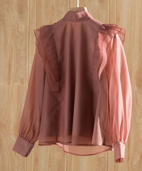 前後2Wayシアー素材リボンタイフリルブラウス