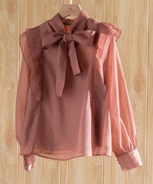 前後2Wayシアー素材リボンタイフリルブラウス