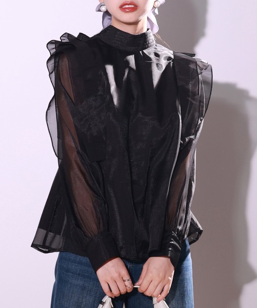 前後2Wayシアー素材リボンタイフリルブラウス