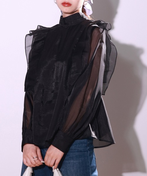 前後2Wayシアー素材リボンタイフリルブラウス