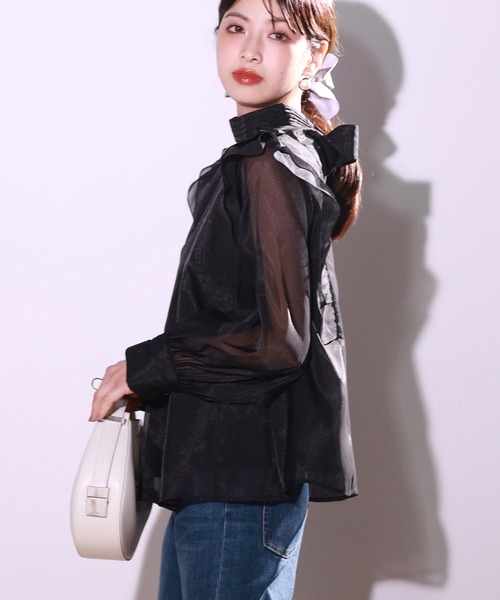 前後2Wayシアー素材リボンタイフリルブラウス