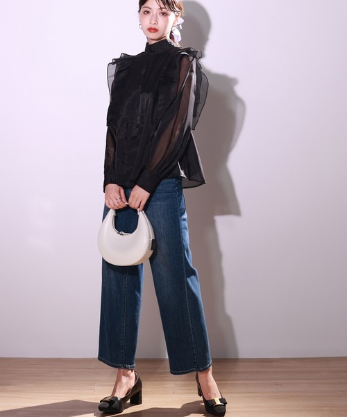 前後2Wayシアー素材リボンタイフリルブラウス