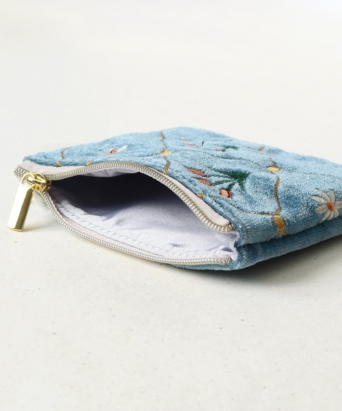 国内配送★セザンヌ★フラワープリント フラット ZIP ポーチ ベロアフラワー刺繍/ミニフラット ポーチ（ポーチ）｜Flowering